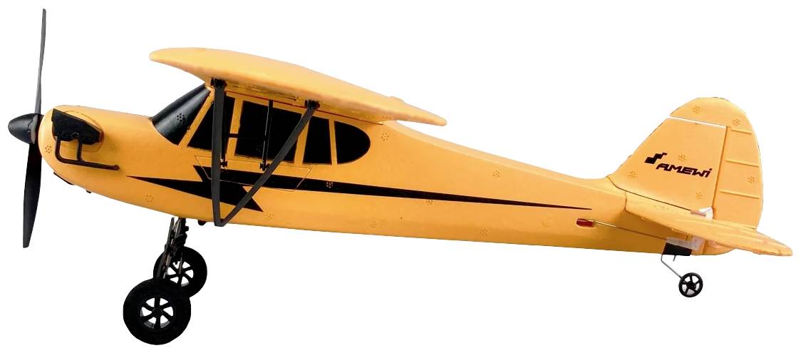 Un avion-modèle jaune avec une hélice et trois roues, vu de côté. Il a une ligne décorative noire et "Avanti" sur la queue.