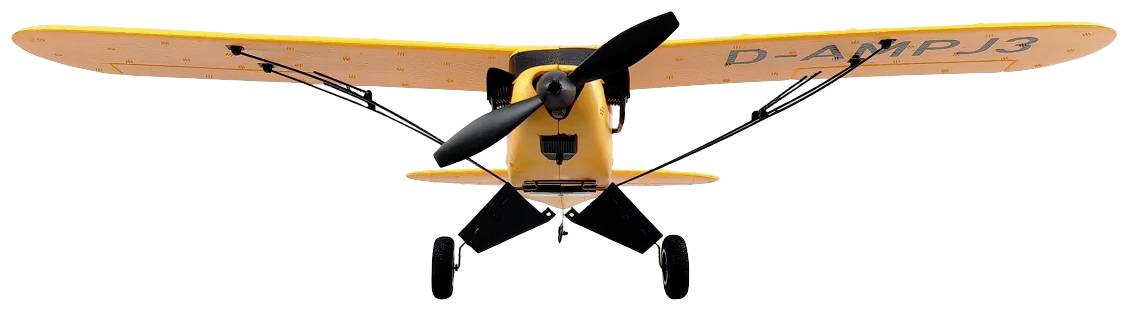 Petit avion jaune monomoteur vu de face, avec le numéro d'immatriculation 'D-AMPJ3' visible.