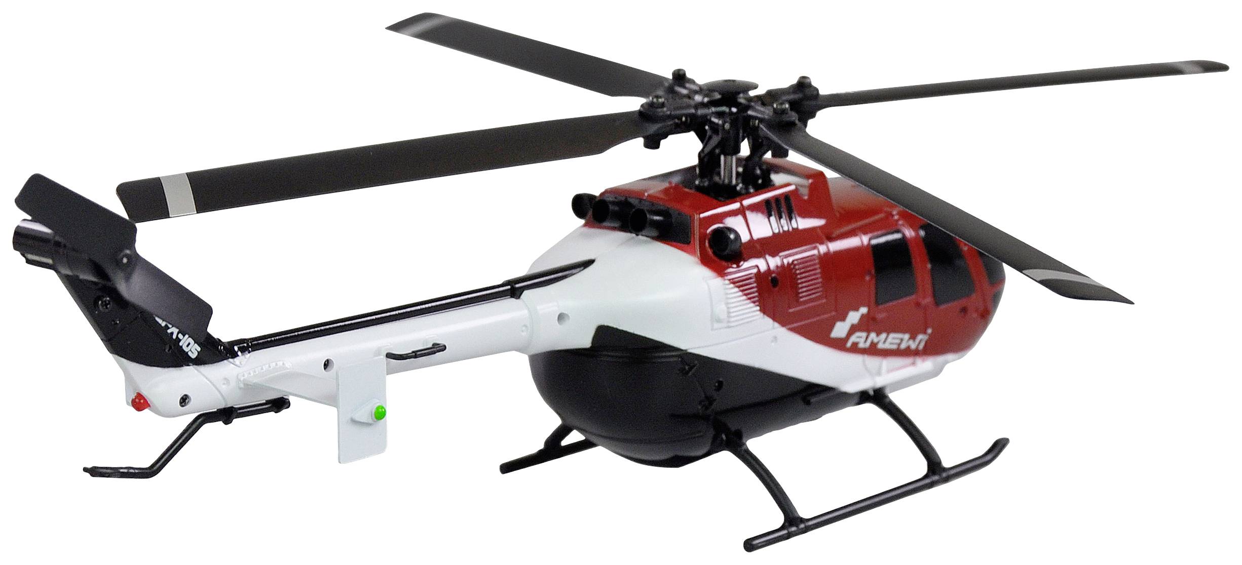 Un hélicoptère jouet au fuselage rouge et blanc, avec une queue noire et quatre pales de rotor, représenté sur un fond blanc.