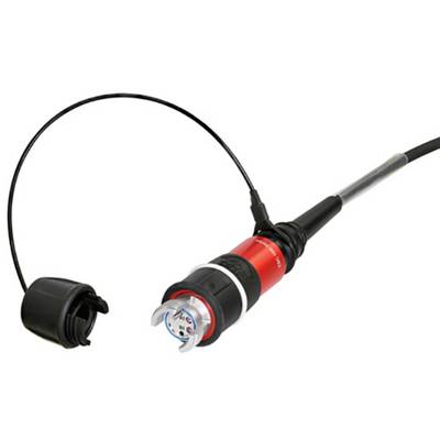 Un câble rouge avec un capuchon de protection noir amovible, présentant un embout de connexion en forme de L. Utilisable dans des applications électriques.