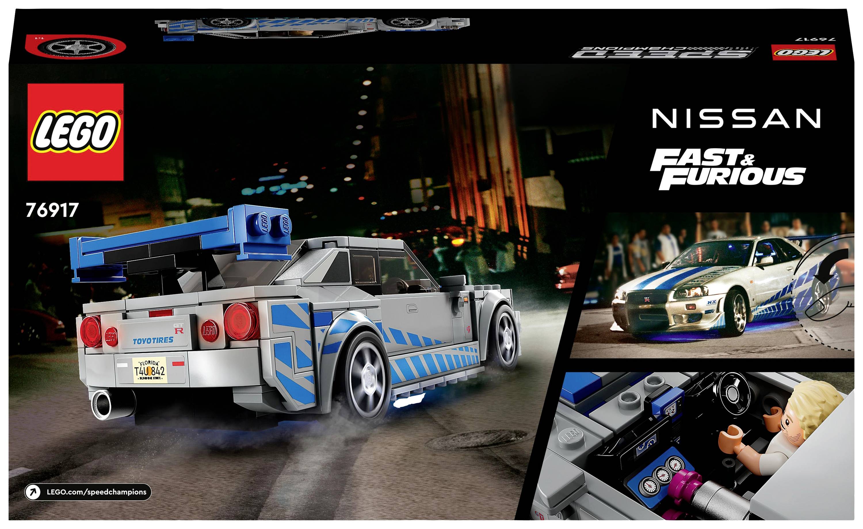 Ensemble de construction LEGO Nissan Fast & Furious présentant un modèle réduit de voiture avec des détails bleus, inspiré d'un véhicule emblématique de la franchise cinématographique.