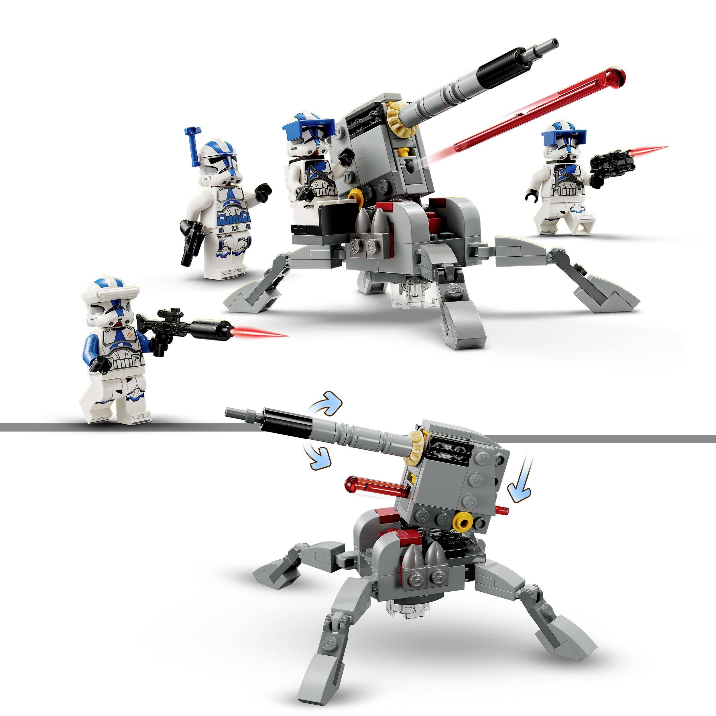 Des figurines LEGO en uniformes de Stormtrooper manœuvrant un canon. En haut, plusieurs personnages sont représentés, en bas sont montrés les détails de construction de l'arme.