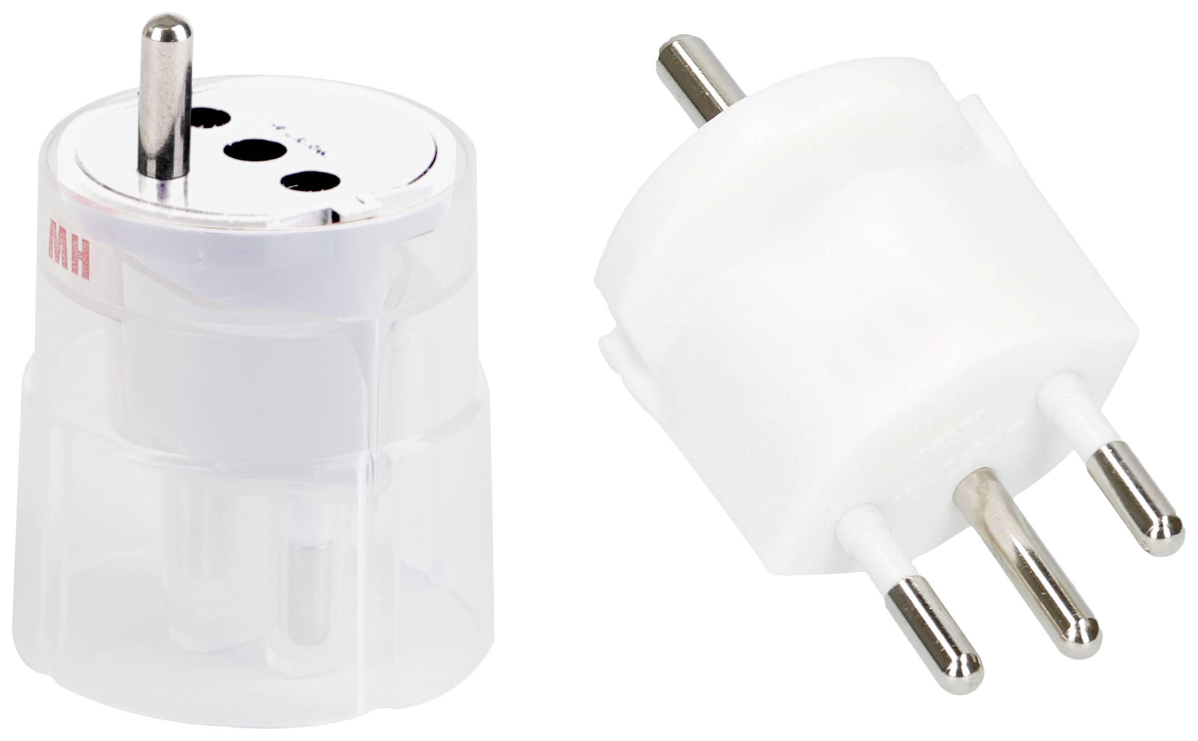 Deux adaptateurs de voyage blancs, chacun doté de trois broches et d'ouvertures d'alimentation rondes. Parfaitement adaptés aux connexions électriques internationales.