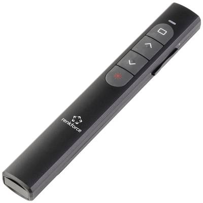 Un présentateur noir avec un pointeur laser et des touches de contrôle de présentation : touches Avant, Arrière et Laser.