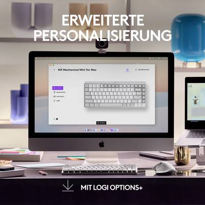Un iMac avec un logiciel ouvert montre la personnalisation avancée du clavier 'MX Mechanical Mini for Mac'. Texte : 'Personnalisation avancée'.
