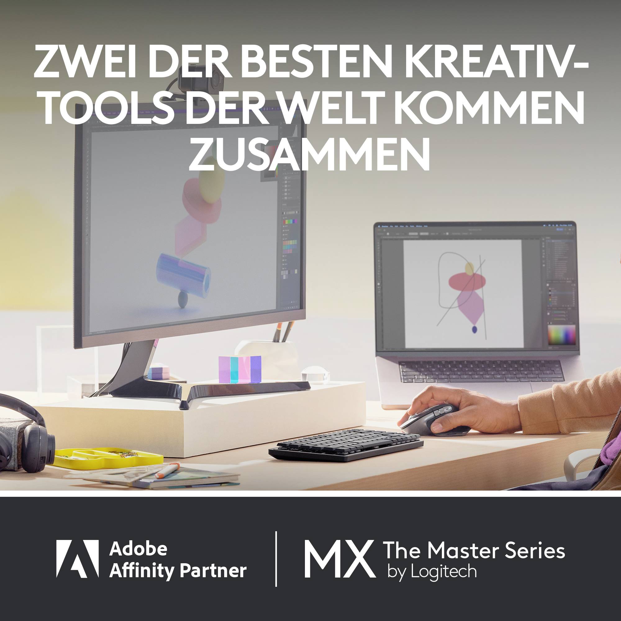 Un écran d'ordinateur affiche un design 3D coloré. Texte : 'Deux des meilleurs outils créatifs du monde se rencontrent'.