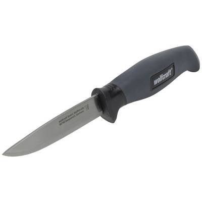 Un couteau gris avec un manche noir portant l'inscription 'Wolfcraft'.