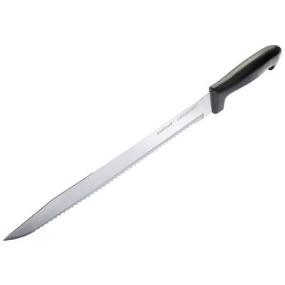 Grand couteau dentelé à manche noir, adapté pour couper de grandes pièces de viande ou du pain.