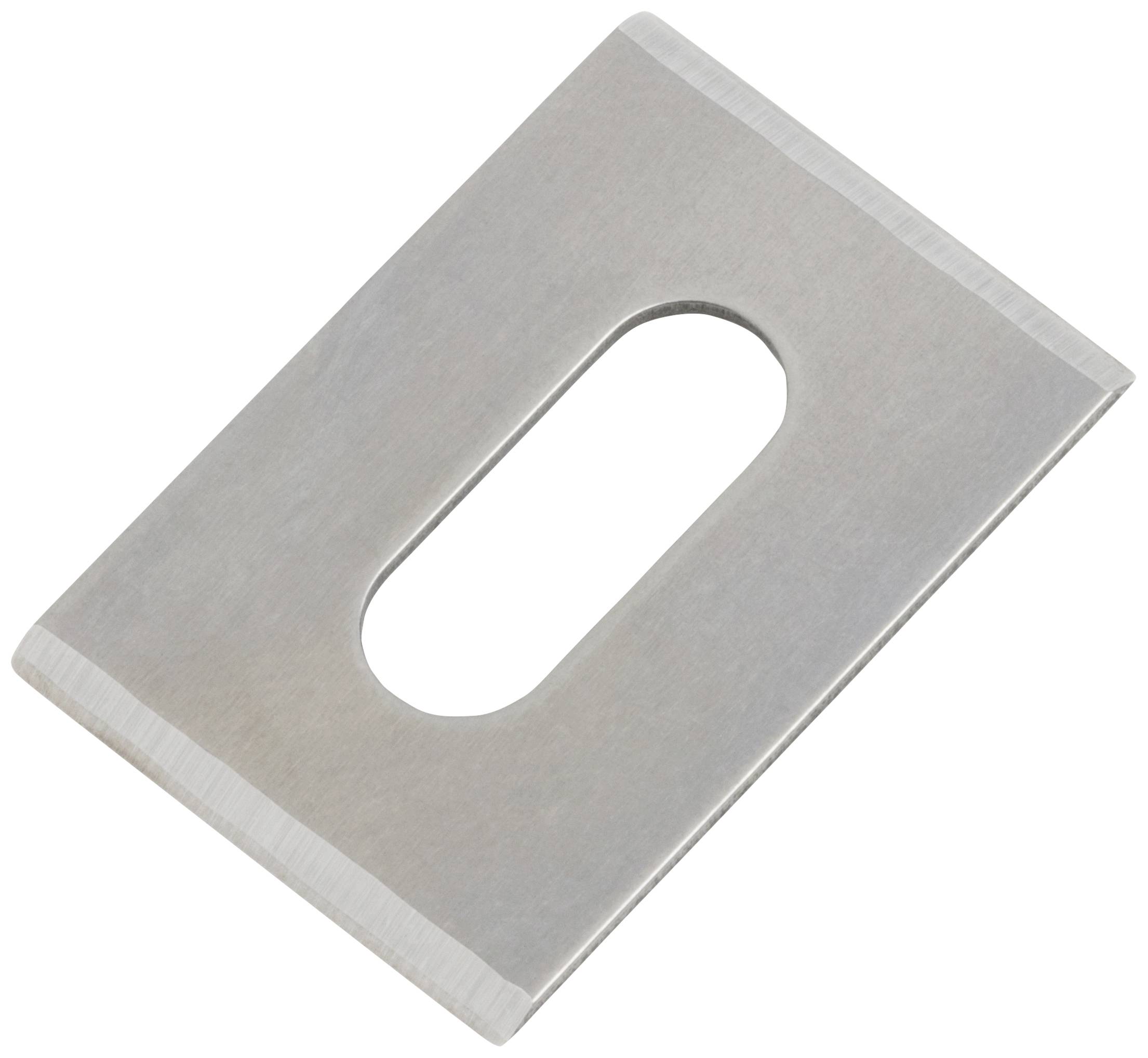 Lame métallique de forme rectangulaire avec une échancrure ovale au centre, vue en angle depuis le haut.