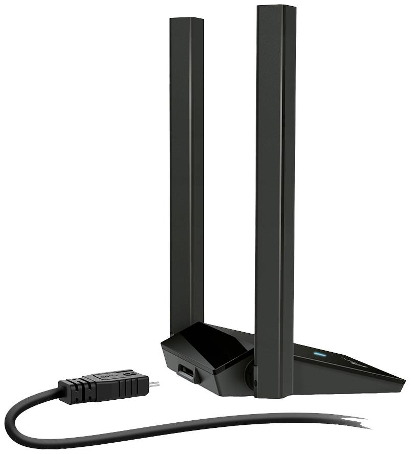 Antenne Wi-Fi externe avec deux longues antennes noires et un câble USB pour la connexion à un ordinateur.