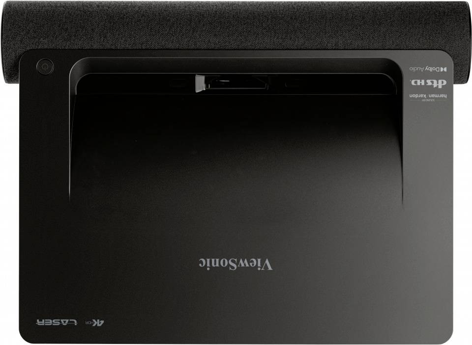 Vue de dessus d'un projecteur noir portant l'inscription 'ViewSonic'.