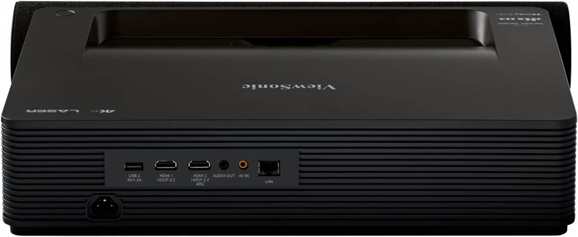 Un projecteur noir ViewSonic avec plusieurs ports à l'arrière, dont HDMI, USB et Ethernet, présenté.