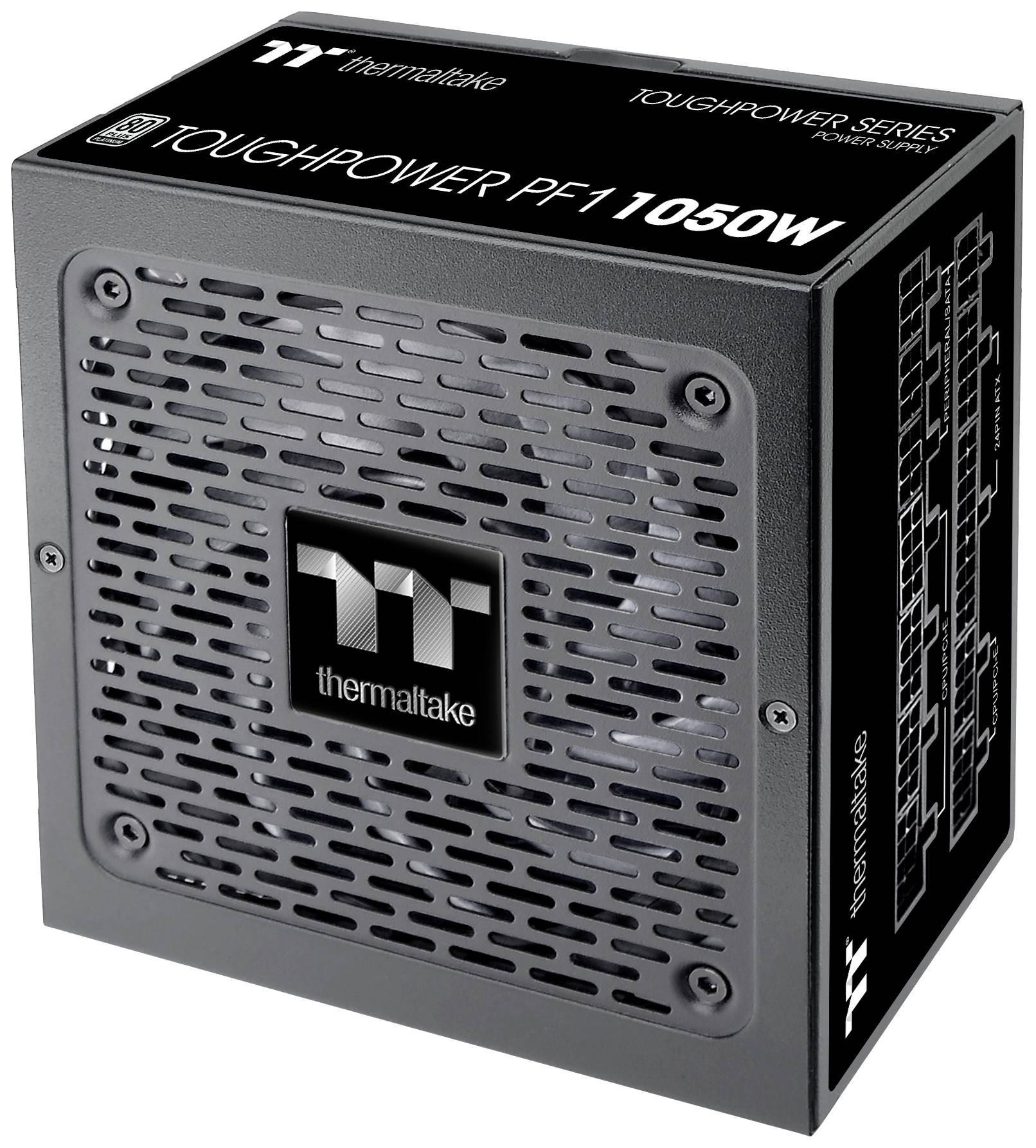 'Bloc d'alimentation noir, Thermaltake Toughpower PF1 1050W, avec ouvertures de ventilation et marquage du produit.'