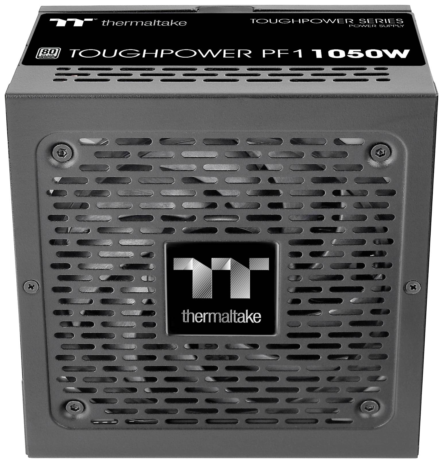 Bloc d'alimentation pour PC noir de la marque Thermaltake 'TOUGHPOWER PF1 1050W', montrant la grille de ventilateur et le logo de la marque.