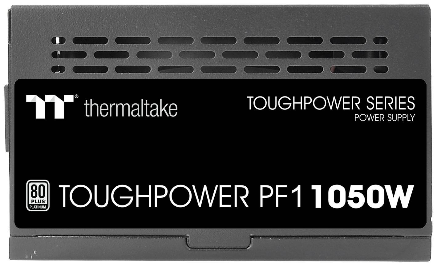 L'image montre un bloc d'alimentation Thermaltake Toughpower PF1 d'une puissance de 1050 watts, certifié 80 Plus Platinum.