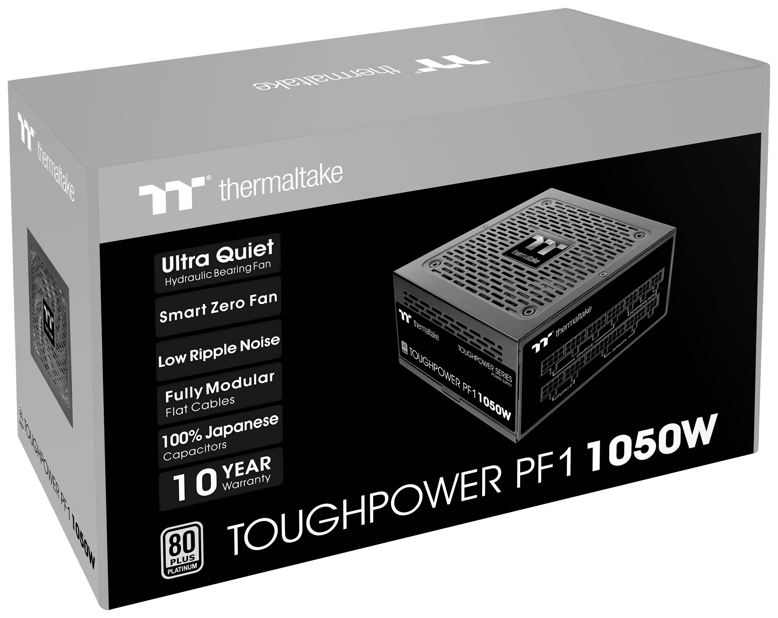 Emballage noir d'un bloc d'alimentation Thermaltake Toughpower PF1 de 1050W, certifié 80 PLUS Platinum, avec une garantie de 10 ans.