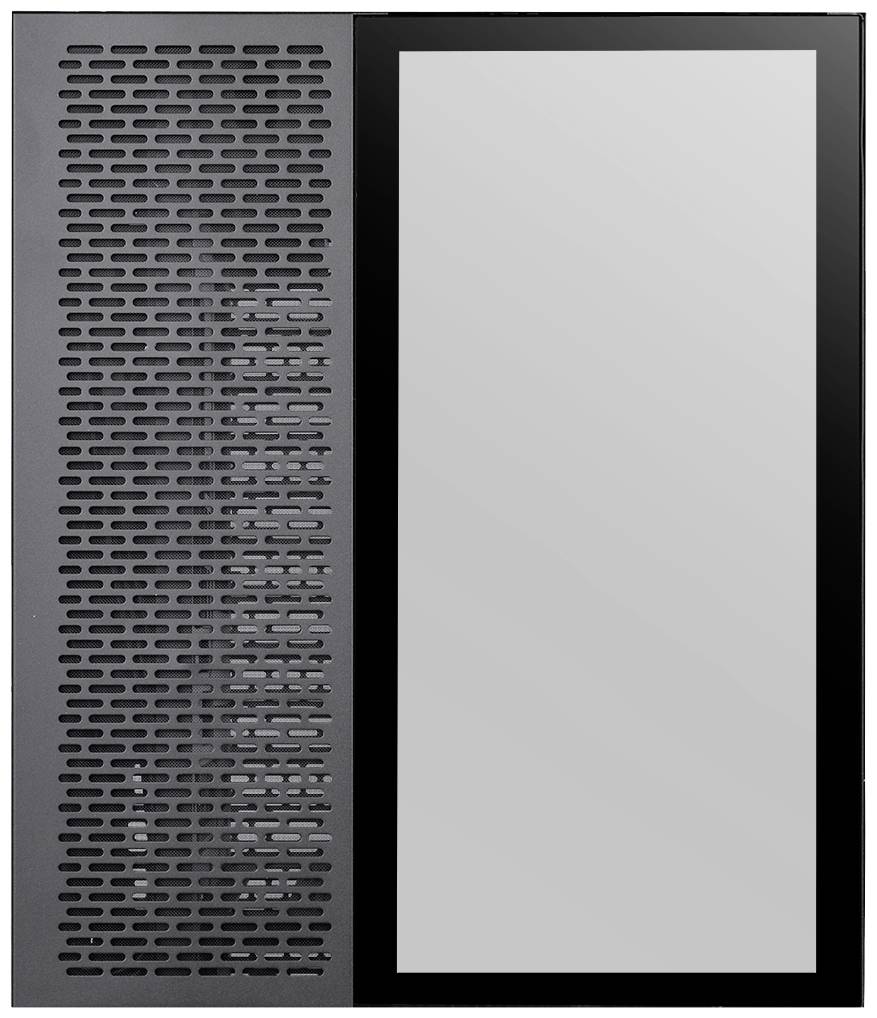 Miroir encadré en noir avec une bande métallique gravée et perforée sur le côté gauche.