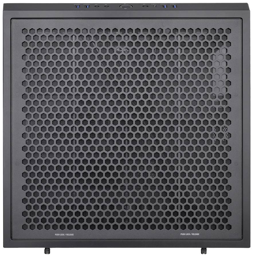 Boîtier d'ordinateur noir avec une grille hexagonale à l'avant, quatre ports USB en haut. Adapté pour le refroidissement et un look moderne.