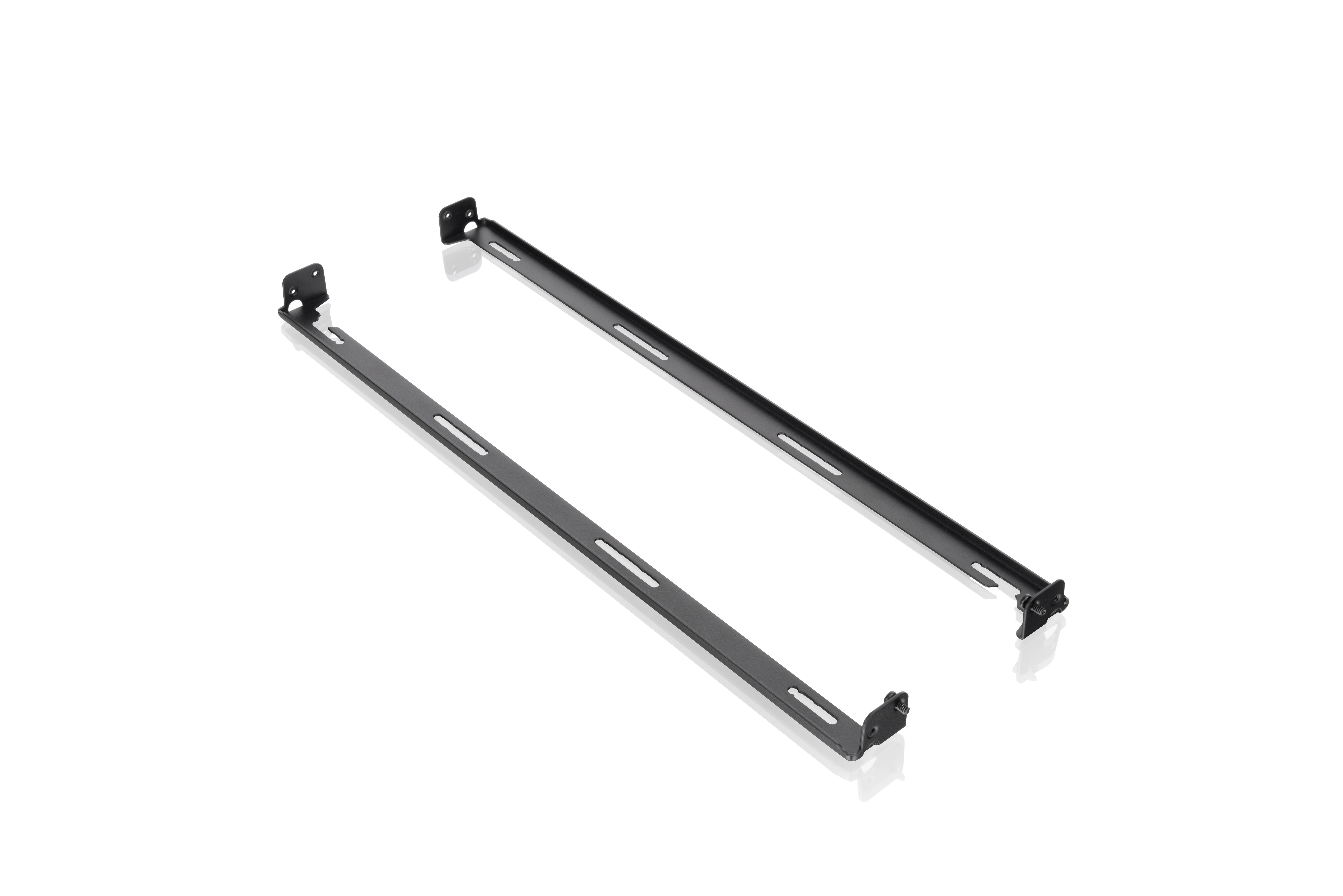 Deux supports noirs, posés à plat sur un fond blanc, probablement destinés à la fixation ou au support d'appareils.