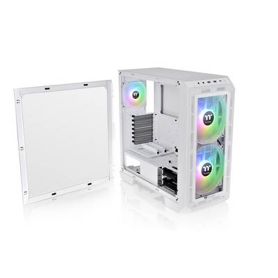 Un boîtier d'ordinateur blanc avec un côté ouvert. Trois ventilateurs colorés et éclairés sont visibles. Adapté pour les PC gaming.
