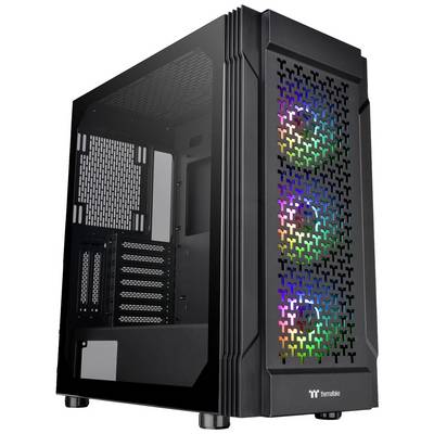 Boîtier PC noir avec panneau latéral transparent et éclairage LED coloré sur la façade. Adapté pour les ordinateurs de gaming ou hautes performances.