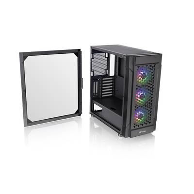 Boîtier PC noir ouvert avec panneau latéral transparent. Façade avant avec deux ventilateurs RGB visibles. Le boîtier est placé sur un fond blanc.