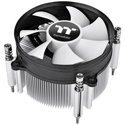 Un dissipateur thermique de Thermaltake avec un ventilateur noir et des ailettes argentées, adapté au refroidissement des processeurs.