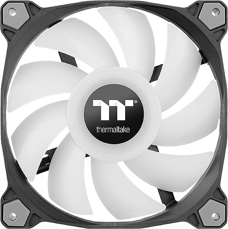 Ventilateur de boîtier d'ordinateur avec éclairage LED blanc dans un cadre carré, logo central 'thermaltake'.