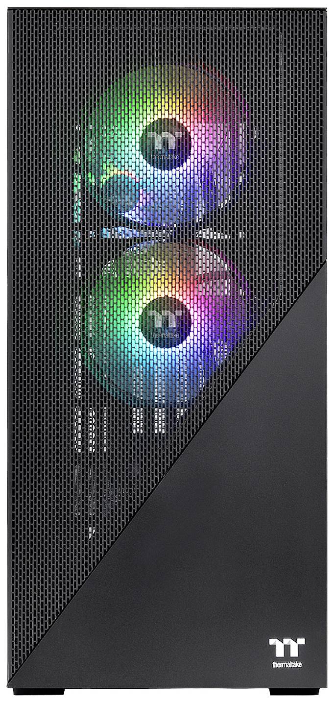 Boîtier d'ordinateur avec deux ventilateurs RGB visibles derrière une grille en maille.