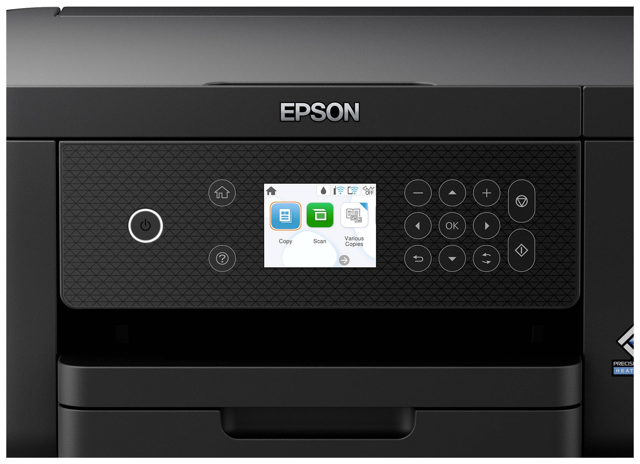 Imprimante noire avec panneau de commande. L'écran affiche les options : 'Copier', 'Numériser' et 'Configuration Wi-Fi'. Les commandes comprennent des touches de navigation et de réglage.