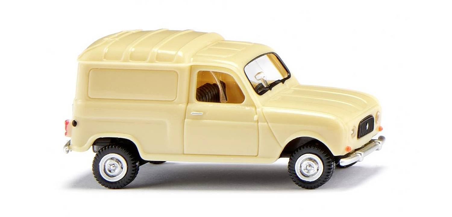 Une voiture miniature beige dans le style d'une voiture ancienne, vue de côté, sur un fond blanc. La voiture a une carrosserie rectangulaire et anguleuse.