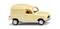 Une voiture miniature beige dans le style d'une voiture ancienne, vue de côté, sur un fond blanc. La voiture a une carrosserie rectangulaire et anguleuse.