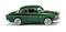 Une voiture miniature verte avec des éléments de design classiques est représentée de profil, avec des détails visibles tels que les portières et les roues.