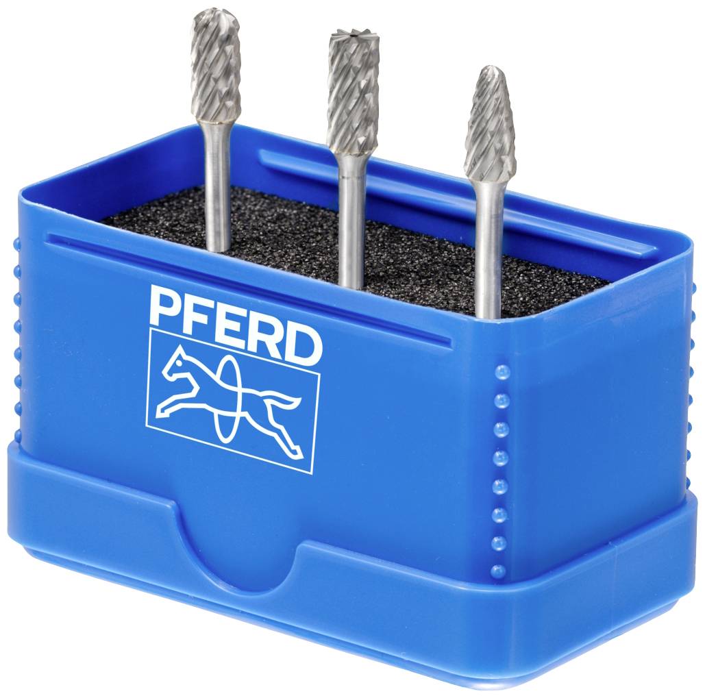 Trois fraises en carbure de tungstène dans un coffret bleu portant le logo d'une figure de cheval au galop et l'inscription 'PFERD'.