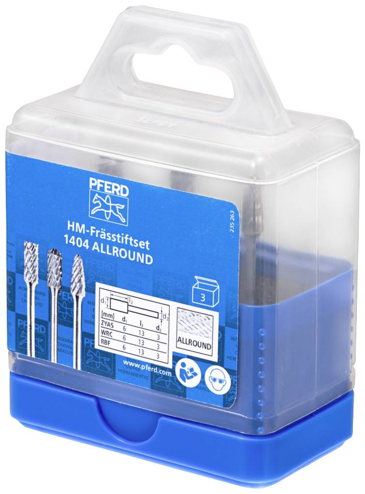 Emballage en plastique contenant trois fraises à surfacer HM de PFERD, type 1404 ALLROUND, avec informations d'emballage et vue du contenu.