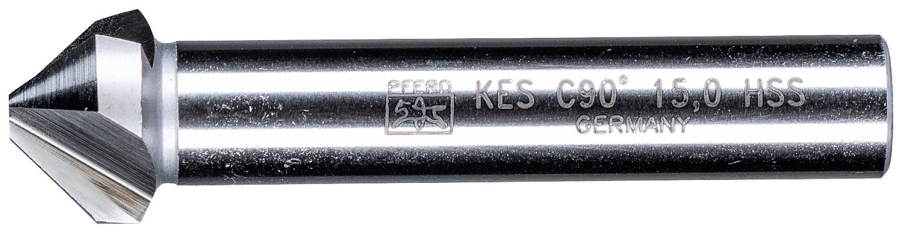 Outil de coupe avec tête de fraisage à 90 degrés, portant l'inscription 'KES C90° 15.0 HSS GERMANY' sur une tige cylindrique, en métal brillant.