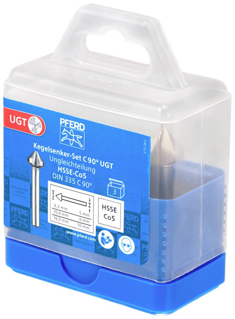 'Fraise à chanfreiner C90° UGT' de Pferd, contient des fraises à chanfreiner de tailles 6,3 mm, 10,3 mm, 16,5 mm, matériau HSS-Co5, DIN 335 C90°.