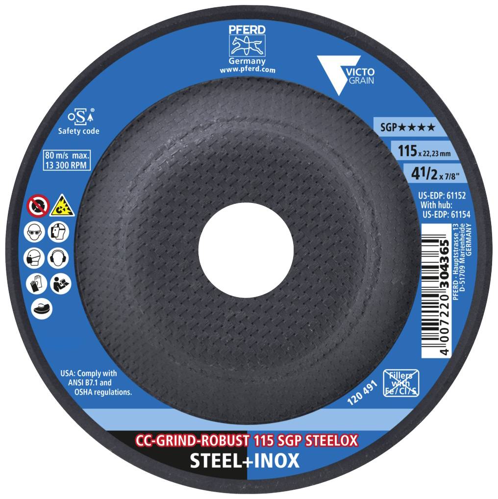 'CC-GRIND-ROBUST 115 SGP STEELOX' Disque à tronçonner pour acier et inox, diamètre 115 mm, vitesse max. 13 300 tr/min, fabricant : Pferd.