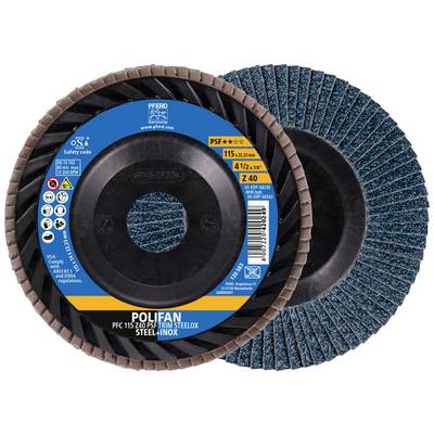 Deux meules abrasives à surface bleue et bord marron, avec l'étiquette de marque 'POLIFAN' visible, diamètre 115 mm, grain Z40.