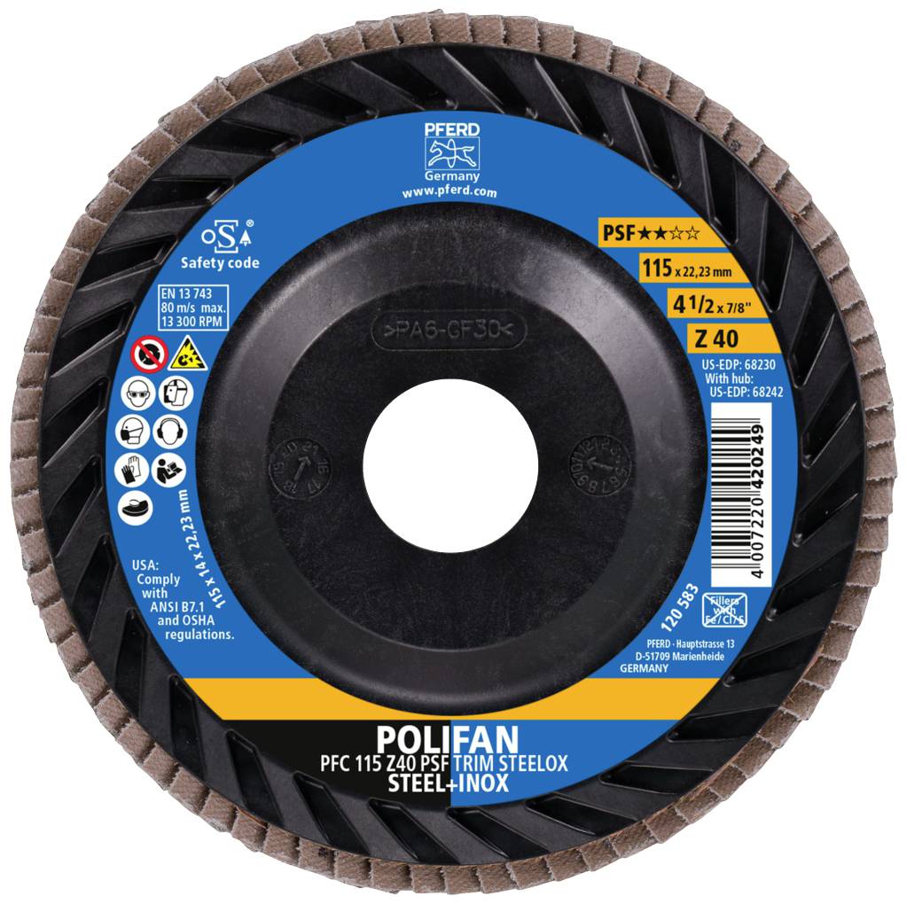 'Disque à meuler avec étiquetage bleu pour l'usinage de l'acier. Marque : POLIFAN, Taille : 115 mm, adapté pour l'acier inoxydable.'
