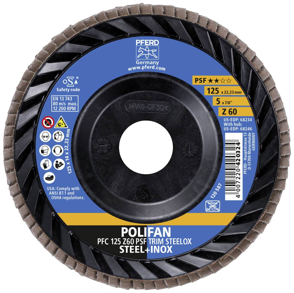 Disque abrasif 'POLIFAN PFC 125 Z60 PSF' avec code de sécurité et détails techniques tels que la taille et le matériau pour acier et inox.