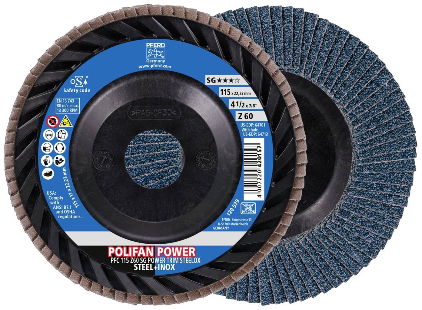 Disque à lamelles 'Polifan Power', diamètre 115 mm, pour acier et inox, avec lamelles en toile abrasive, adapté pour un ponçage haute performance.