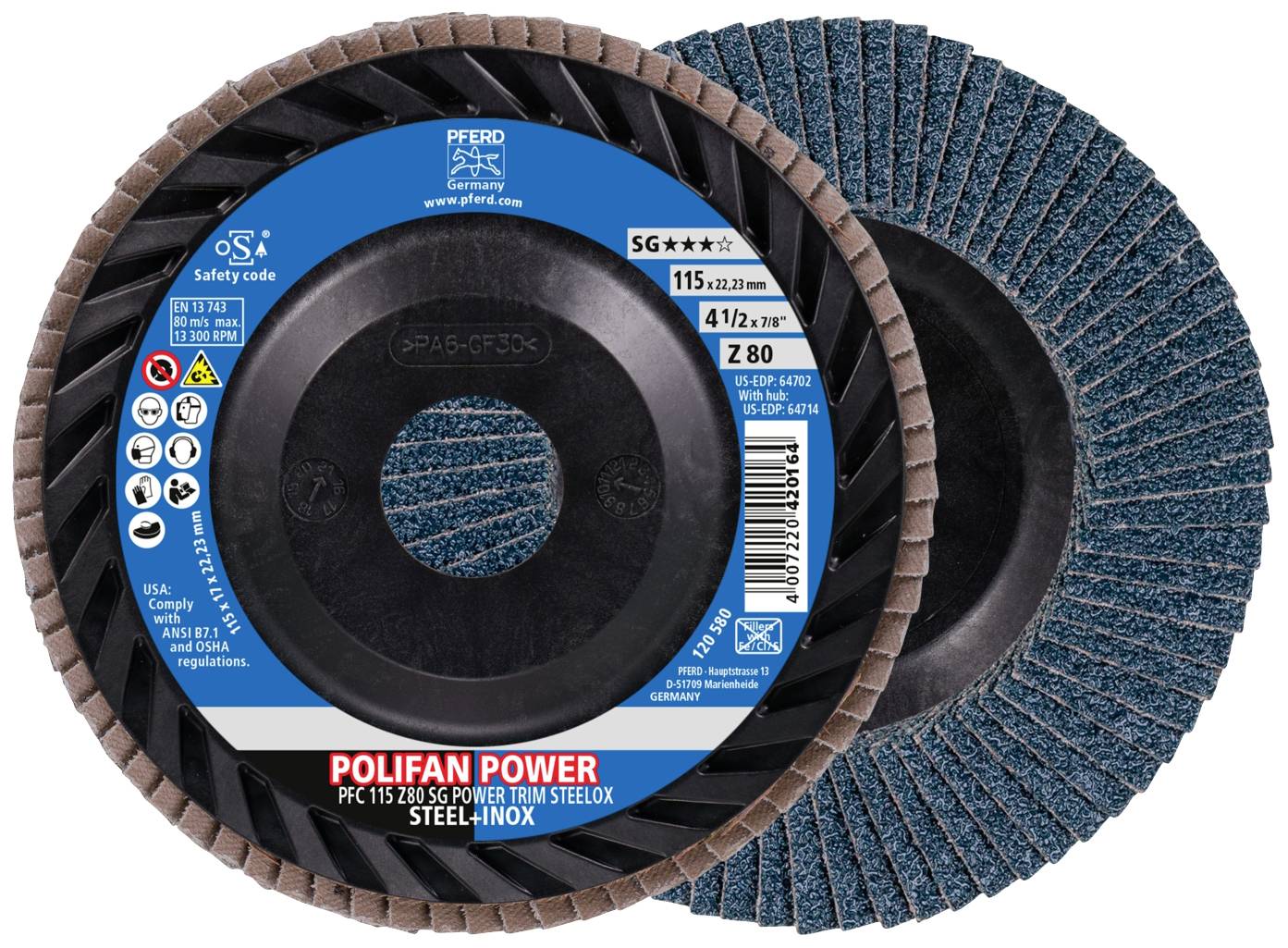 Disque de coupe avec surface bleue et noire, nom de marque et spécifications sur l'étiquette. Diamètre : 115 mm, usinage de l'acier.