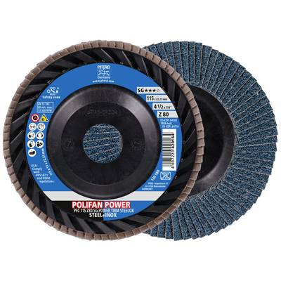 Disque de coupe avec surface bleue et noire, nom de marque et spécifications sur l'étiquette. Diamètre : 115 mm, usinage de l'acier.