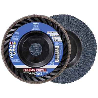 Deux disques à polir de la marque 'PFERD', modèle 'POLIFAN Power', adaptés pour l'acier inoxydable, diamètre 125 mm, grain 40.