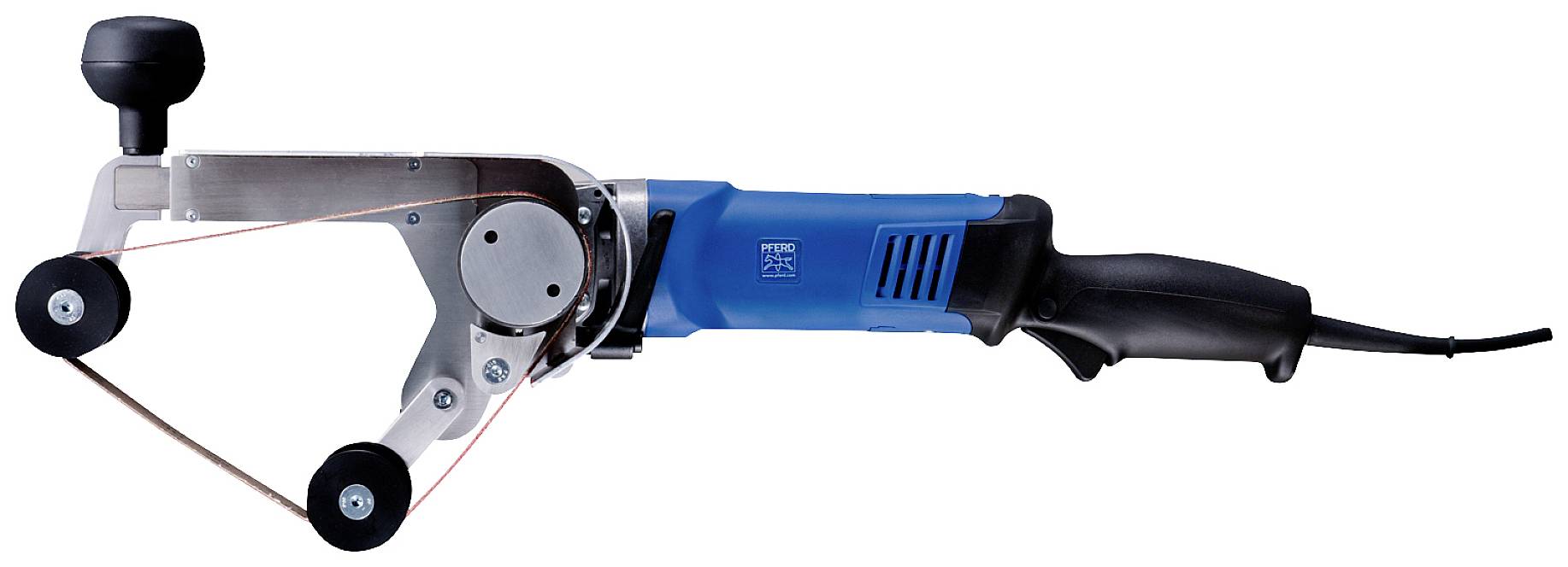 Un coupe-tube électrique à poignée bleue et câble noir, adapté pour couper précisément des tubes dans des projets de construction ou de bricolage.