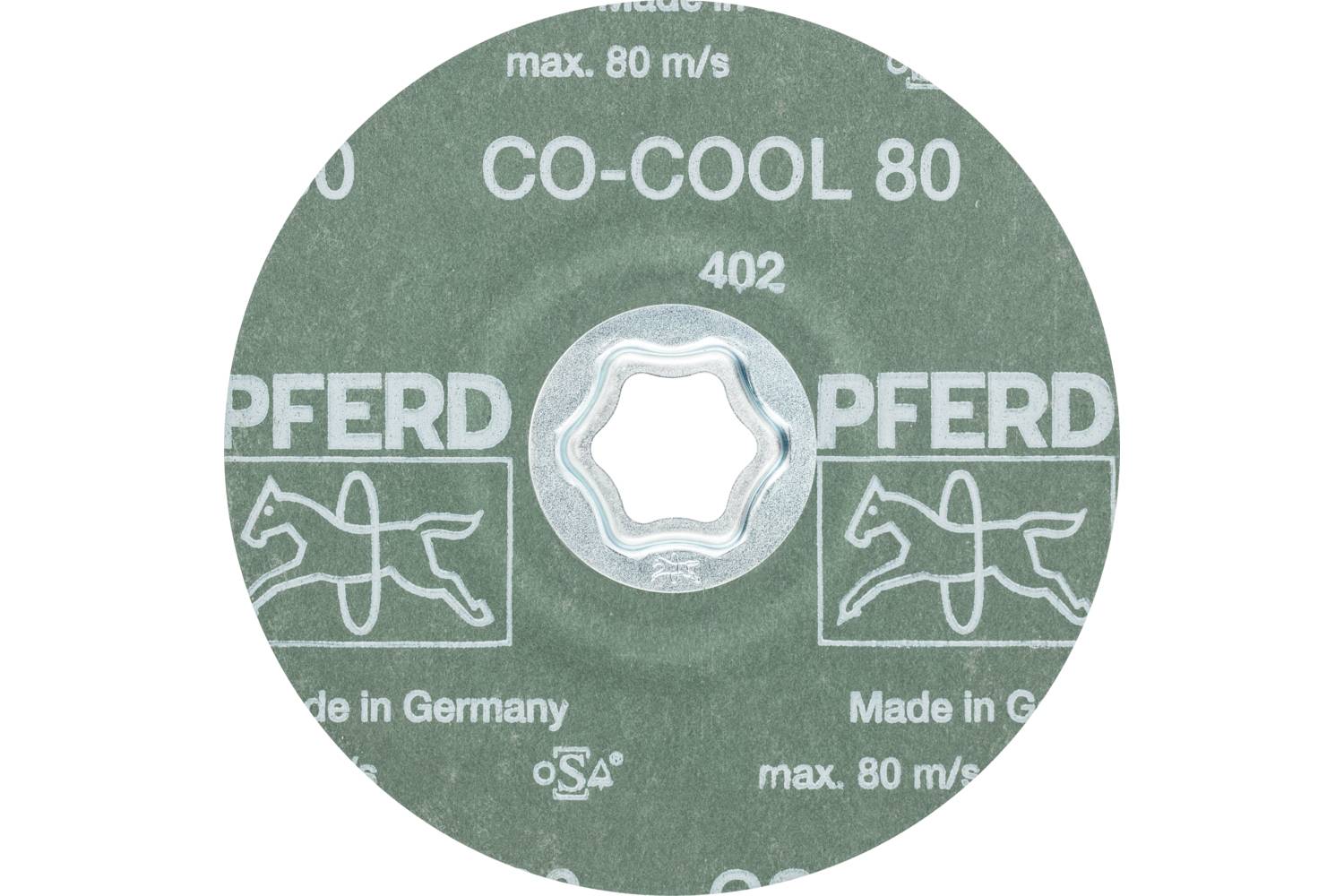 Disque à meuler de la marque PFERD avec l'inscription 'CO-COOL 80' et 'Made in Germany', adapté pour des vitesses de rotation allant jusqu'à 80 m/s.