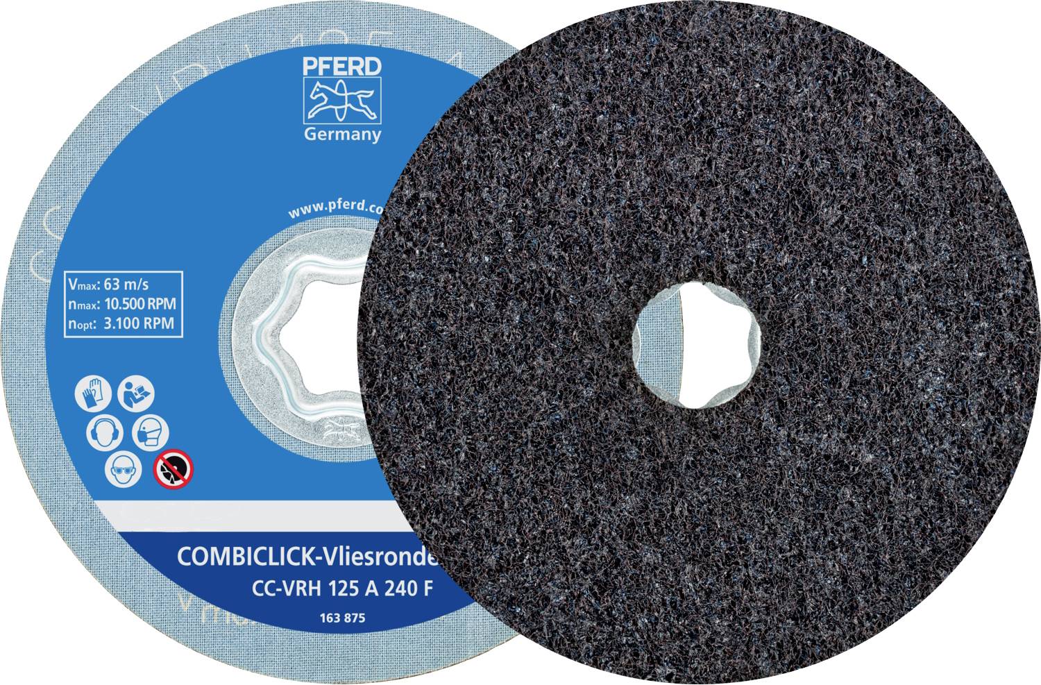 Disque abrasif PFERD "COMBICLICK-disques non-tissés" avec indications : vitesse maximale 63 m/s, jusqu'à 13 000 tr/min.