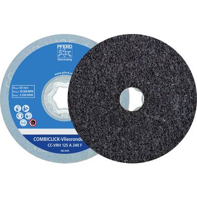 Disque abrasif PFERD "COMBICLICK-disques non-tissés" avec indications : vitesse maximale 63 m/s, jusqu'à 13 000 tr/min.