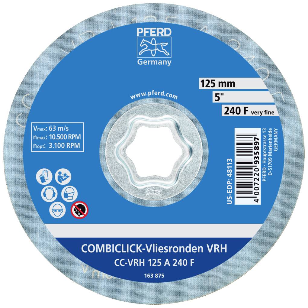 Disque à meuler de PFERD de 125 mm de diamètre, adapté pour la finition fine, vitesse de rotation maximale de 10 500 tr/min.